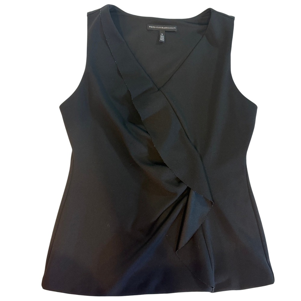 White House Black Market Black Ruffle Drape Sleeveless V-Neck Top Medium